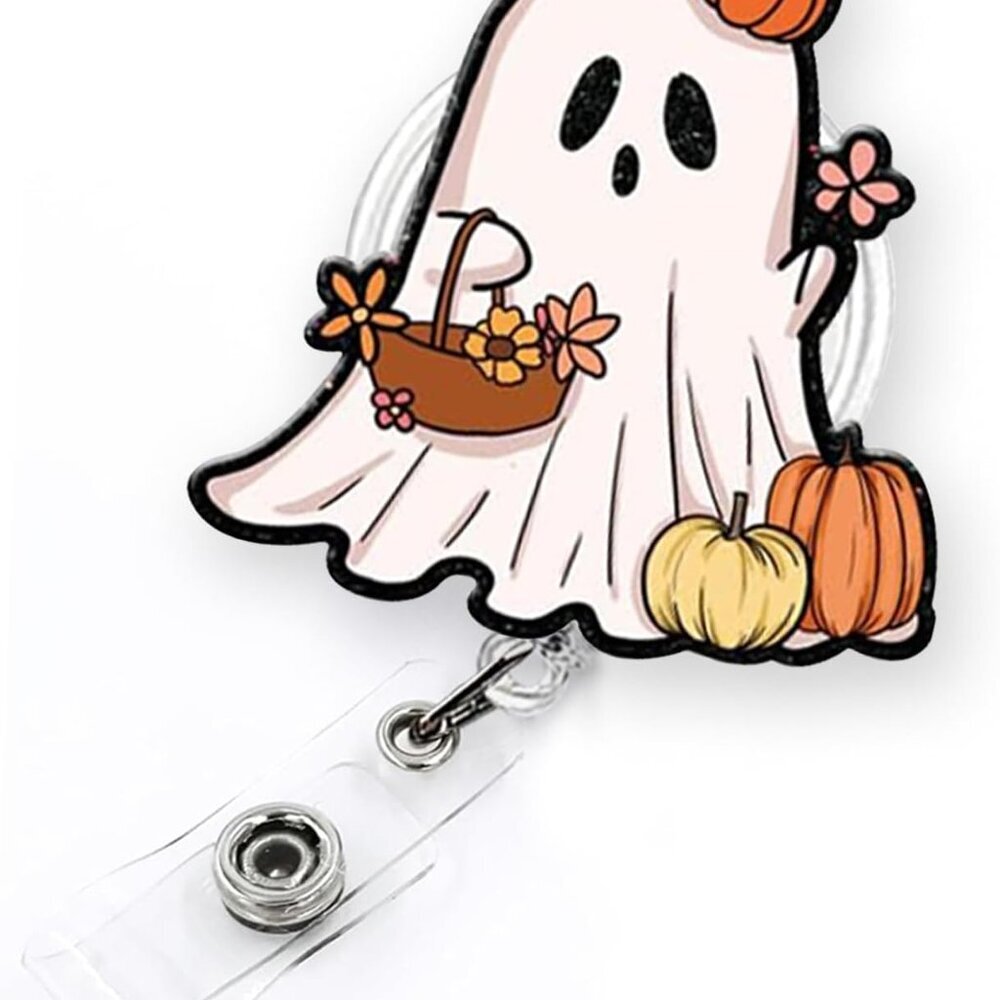 Funny Ghost and Pumpkin Halloween Badge Reel Retractable for Nurse Nursing RN CN